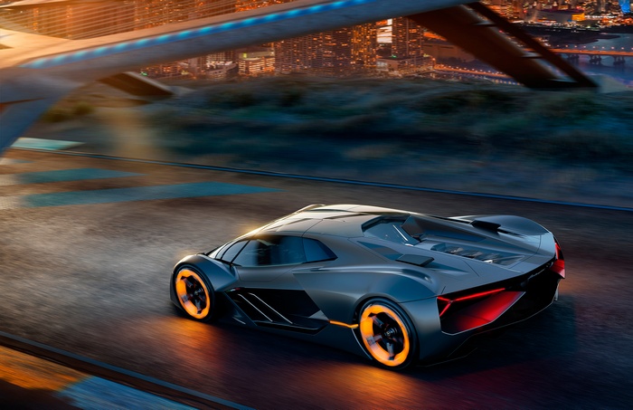 Lamborghini Terzo Millennio sports car in a cityscape