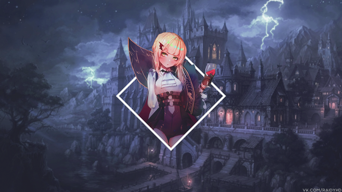 Anime girl with a glass of red wine in front of a castle