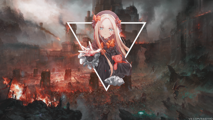 Anime girl with teddy bear in war-torn castle