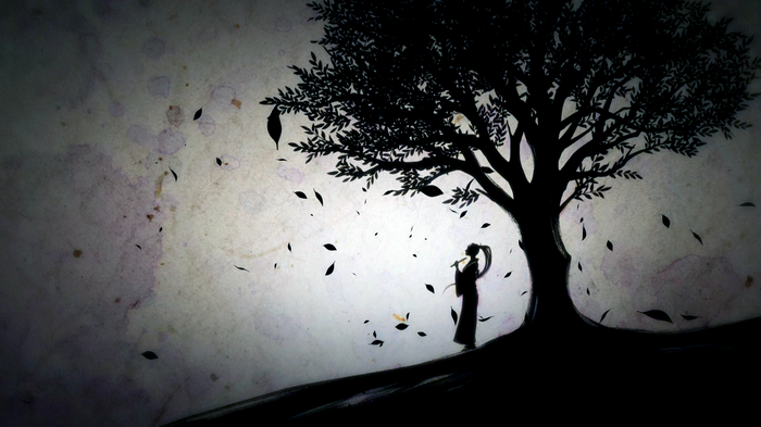 Artwork of a person playing a flute under a tree