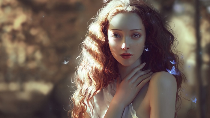 Fantasy art of a woman with curly hair and butterflies
