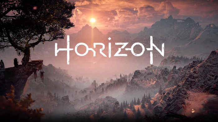 Horizon Zero Dawn game logo over mountain landscape