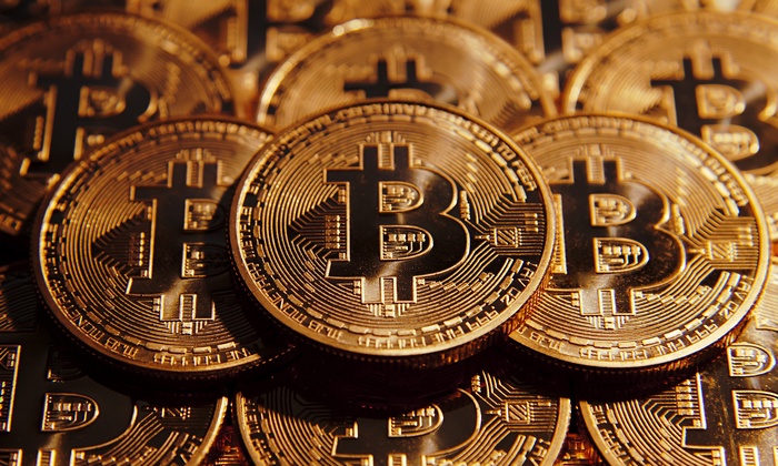 Pile of gold Bitcoin coins