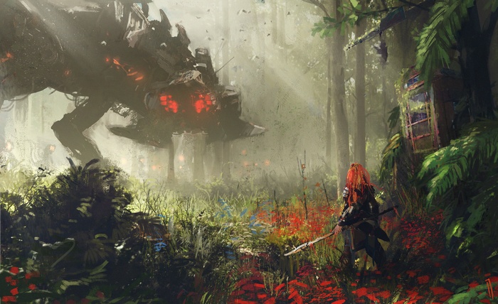 Aloy from Horizon Zero Dawn faces a robot in a forest