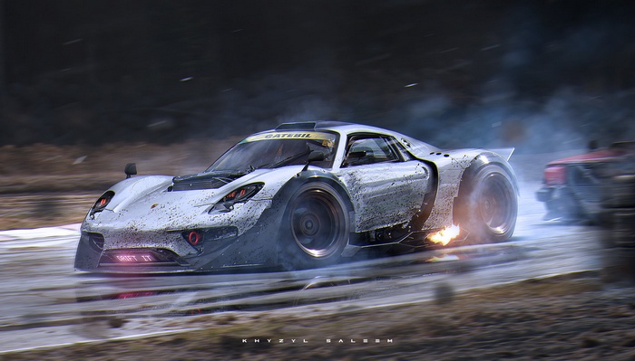 Silver drift car with flames on track