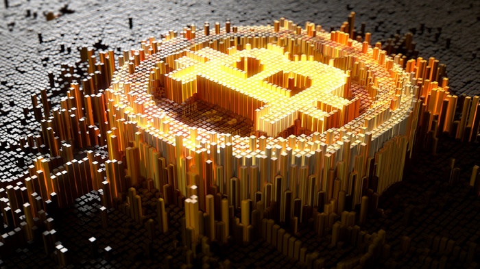 3D Bitcoin Symbol on a Pixelated Surface