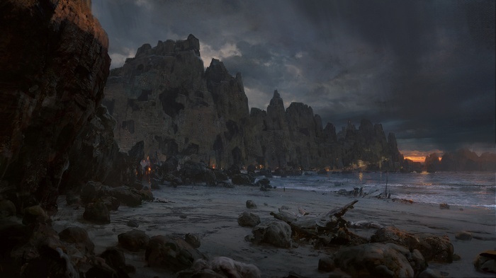 Path of Exile coast with rocky cliffs and ocean at dusk