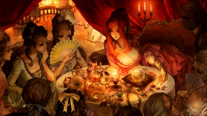 Fantasy art with women and a fortune teller