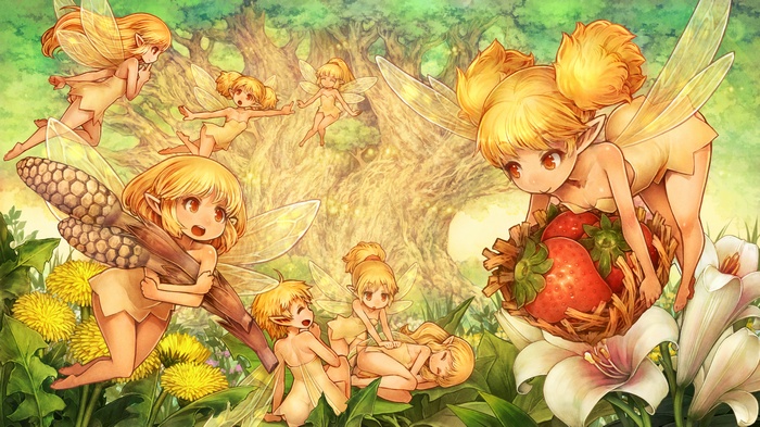 Fairies in a forest with strawberries and dandelions