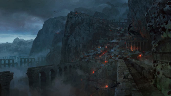 Digital art of a dark, misty city in Path of Exile
