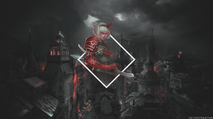 Anime girl with red armor and swords in a dark city