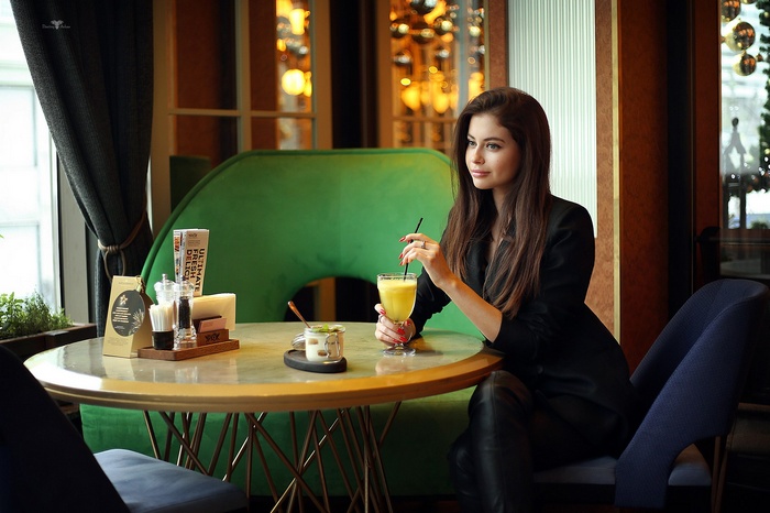 women, leather pants , cafes, table, knee-high boots, Alina, knee-highs, model, Dmitry Arhar, black jackets, brunette, long hair