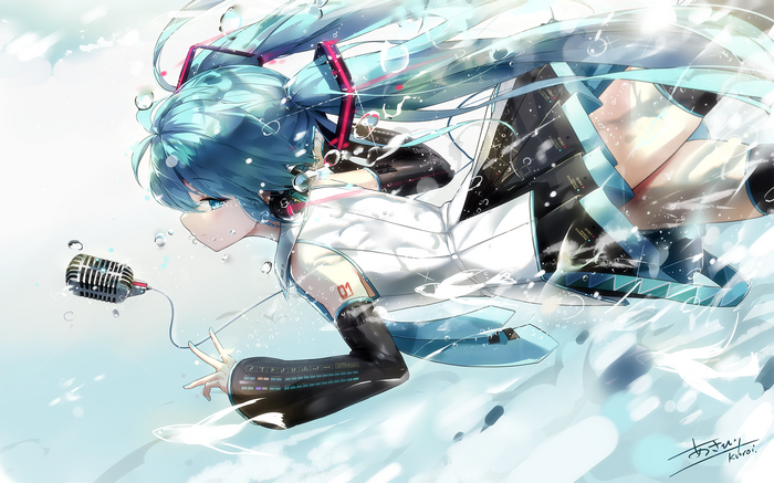 Hatsune Miku from Vocaloid underwater with microphone