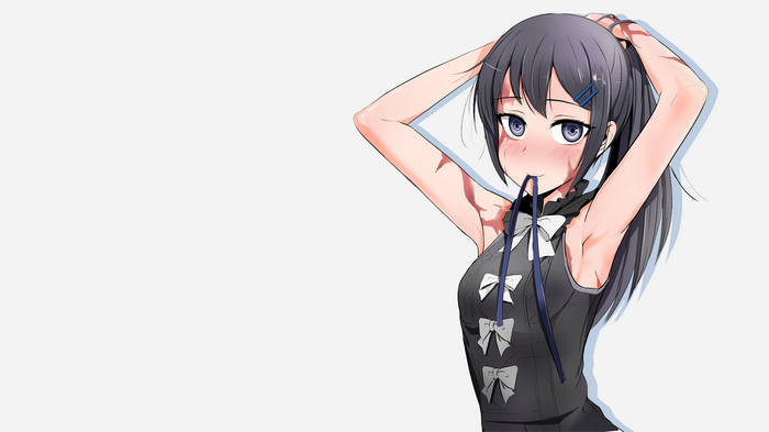 Anime girl with dark hair tying her ponytail