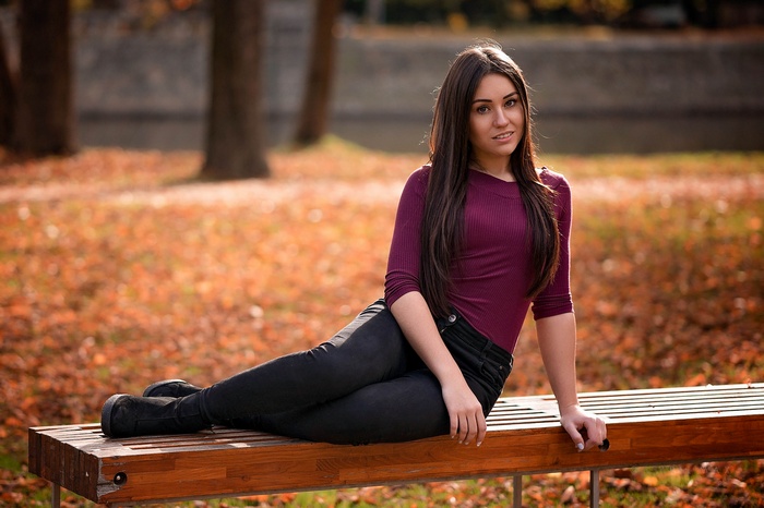 women, brunette, portrait, trees, smiling, Cyril Max, long hair, women outdoors, jeans, depth of field, shoes, Lenka, straight hair