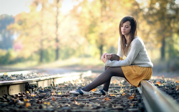 women, pantyhose, sweater, stockings, brunette, skirt, railway