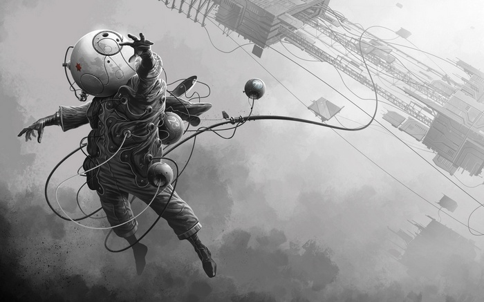 Astronaut with a spherical helmet connected by wires