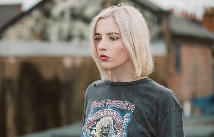 blonde, women outdoors, women, platinum blonde, face, urban, Iron Maiden, short hair, depth of field, T-shirt
