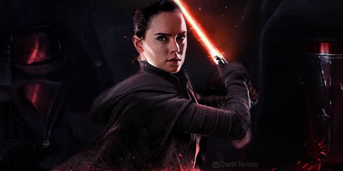 Rey with a red lightsaber and Darth Vader