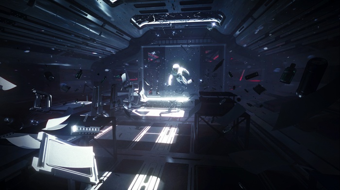 Astronaut floating in a destroyed futuristic spaceship