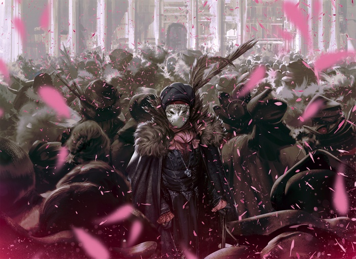 Person in owl mask at a masquerade with pink petals