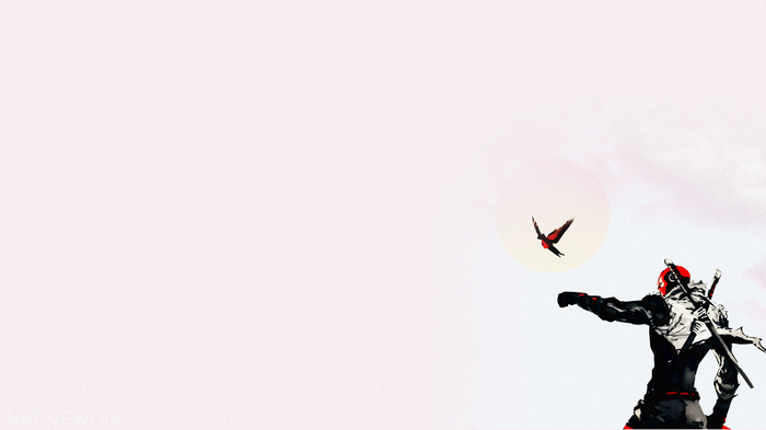 Ninja with Katana and Bird flying near Sun