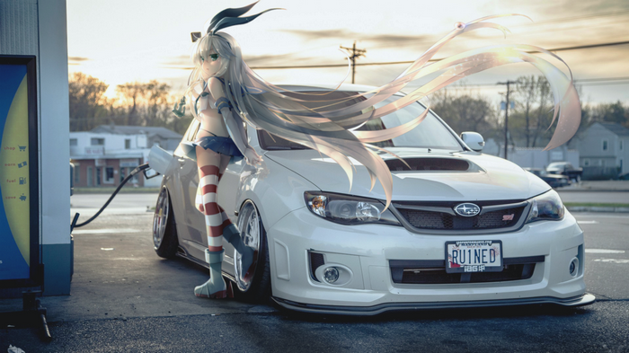 Shimakaze (Kancolle), Kantai Collection, sky, car, long hair, blonde, gas stations, gloves