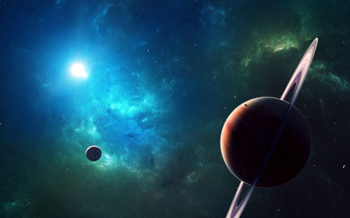 Digital art of a ringed planet and moons in space