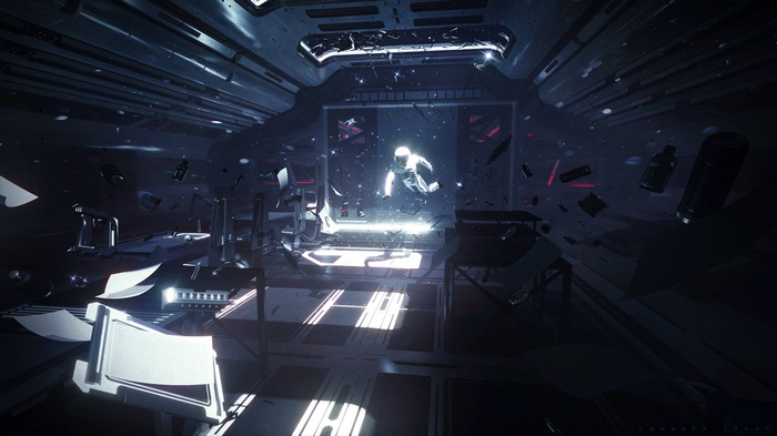 Astronaut floating in a destroyed spaceship corridor