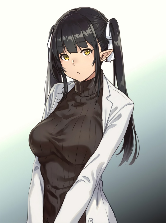 Anime elf girl with black hair in ponytails wearing lab coat