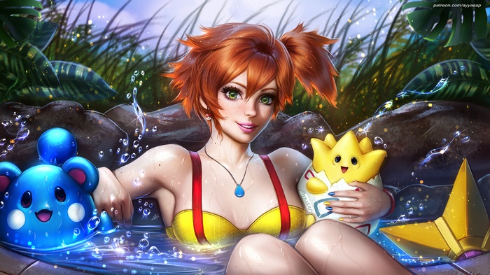 Misty from Pokémon in a hot tub with Togepi and Marill