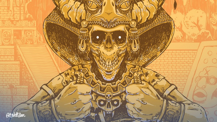 Skeleton warrior in ancient headdress