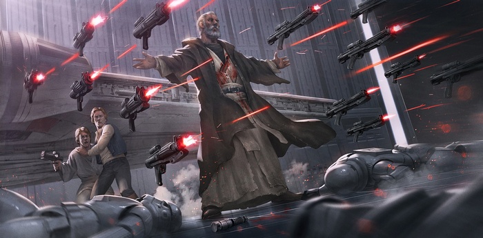 Obi-Wan Kenobi, Luke Skywalker, and Han Solo in Star Wars battle