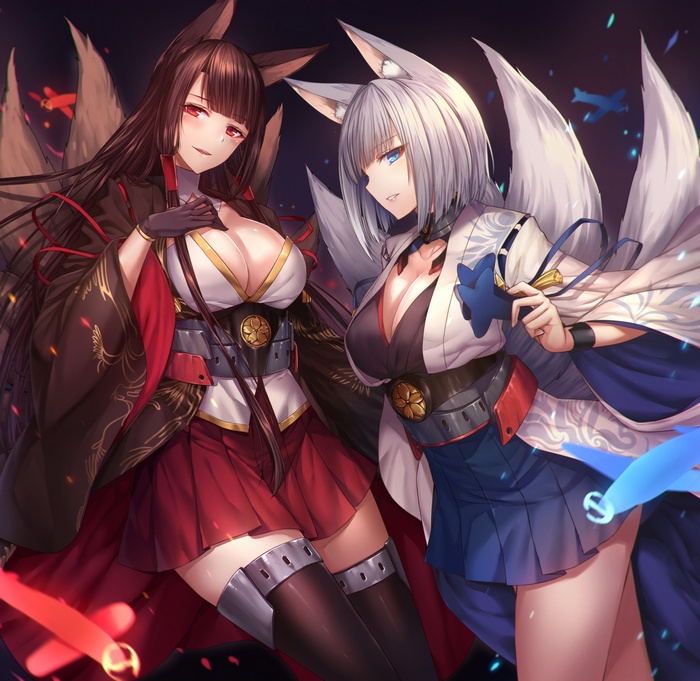 Akagi (Bilan Hangxian), Akagi (Azur Lane), tail, thigh-highs, Kaga (Bilan Hangxian), fox girl, Kaga (Azurlane), animal ears, cleavage