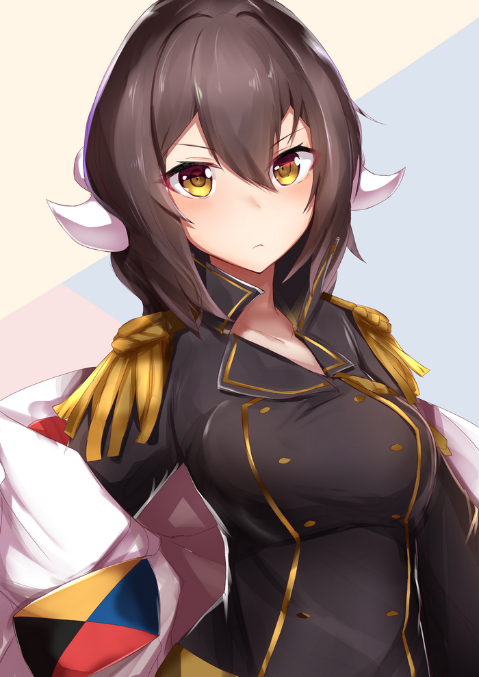 brunette, white  background, horns, Azur Lane, Mikasa (Azur Lane), uniform