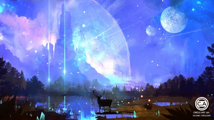 Sci-fi landscape with deer and planets