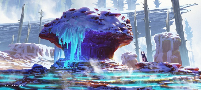 Wolf in a snowy landscape with glowing ice formations
