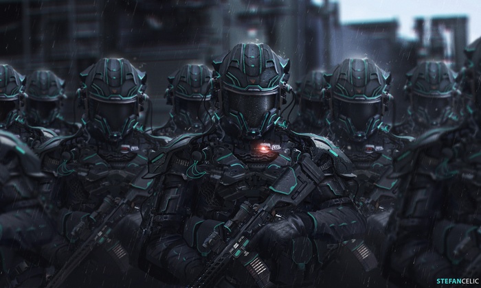Soldiers in futuristic armor with weapons