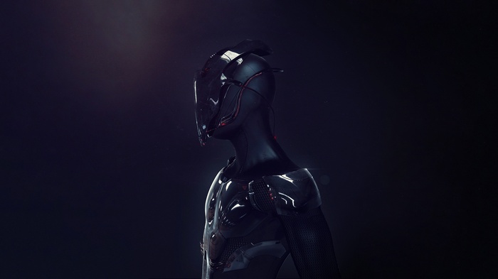 Futuristic soldier in dark armor with helmet