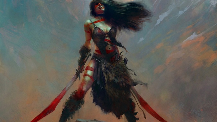 Warrior woman with swords and red markings
