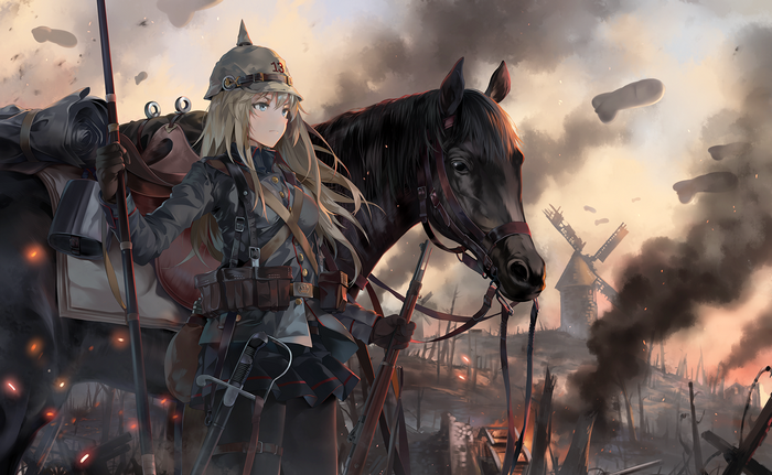 Anime girl in uniform with horse on battlefield