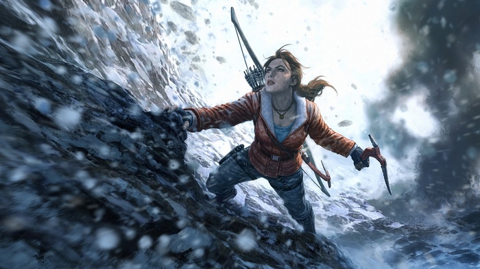 Lara Croft from Tomb Raider climbing a snowy mountain