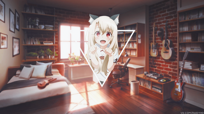Anime girl with cat ears in a room