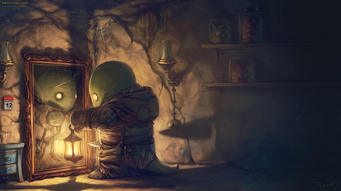 Tonberry looking in a cracked mirror with a lantern