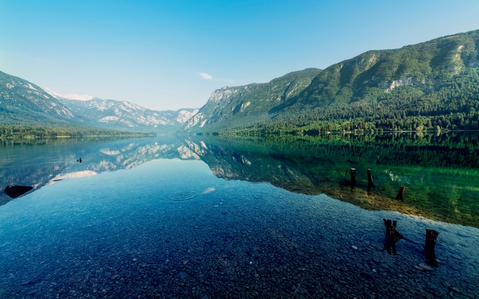 Lake reflection with mountains and trees