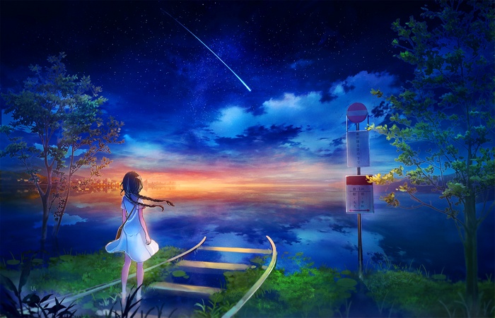 Anime girl at bus stop watching a shooting star