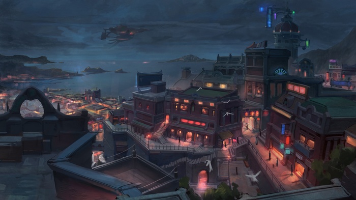 Fantasy city by the sea at night with flying vehicle
