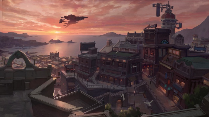 Fantasy city by the sea at sunset with a flying vehicle