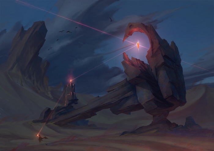 Fantasy desert landscape with glowing crystals and rock formations