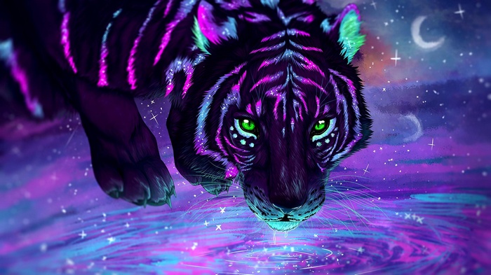 tiger, animals, water, neon, green eyes